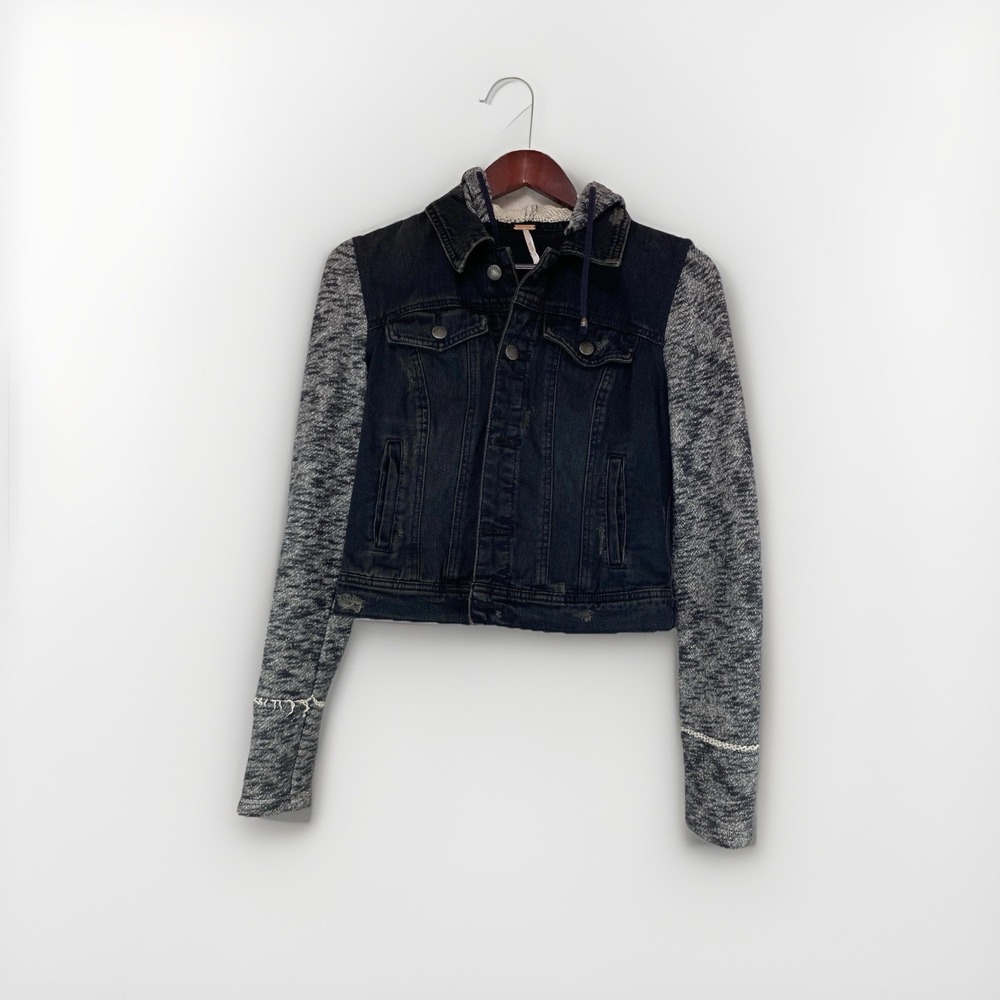 Free People Hooded Denim Jacket Black Grey Knit Sleeve Distressed Small OB401140 - Picture 1 of 12